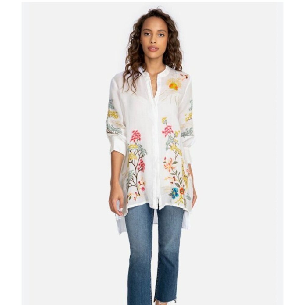 Johnny Was Safari Embroidered Button-Up Blouse, white, size XS